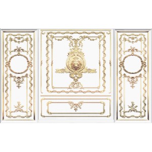 Komar Fototapete Roaring Royal, weiße Wandpaneele mit goldenen Zierelementen und Löwenkopf.