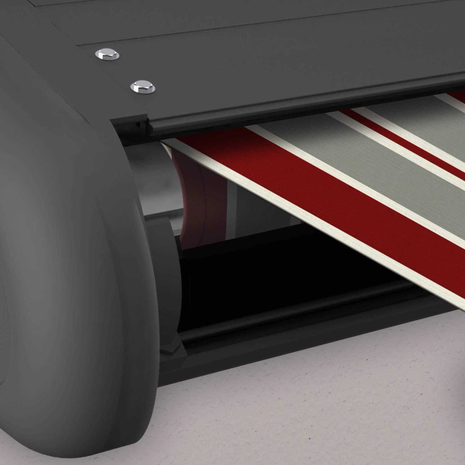 Elektrische Kassettenmarkise Eclipse, basaltgrau mit gestreiftem Tuch in Wildrose/Grau, 2.0x1.5 m.