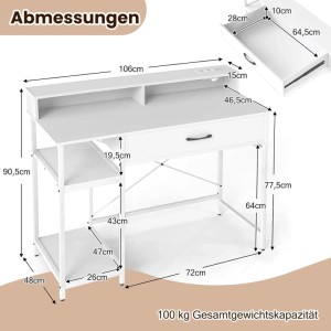 Costway Schreibtisch mit Steckdosen & Schublade & Abnehmbarem Regal Weiß