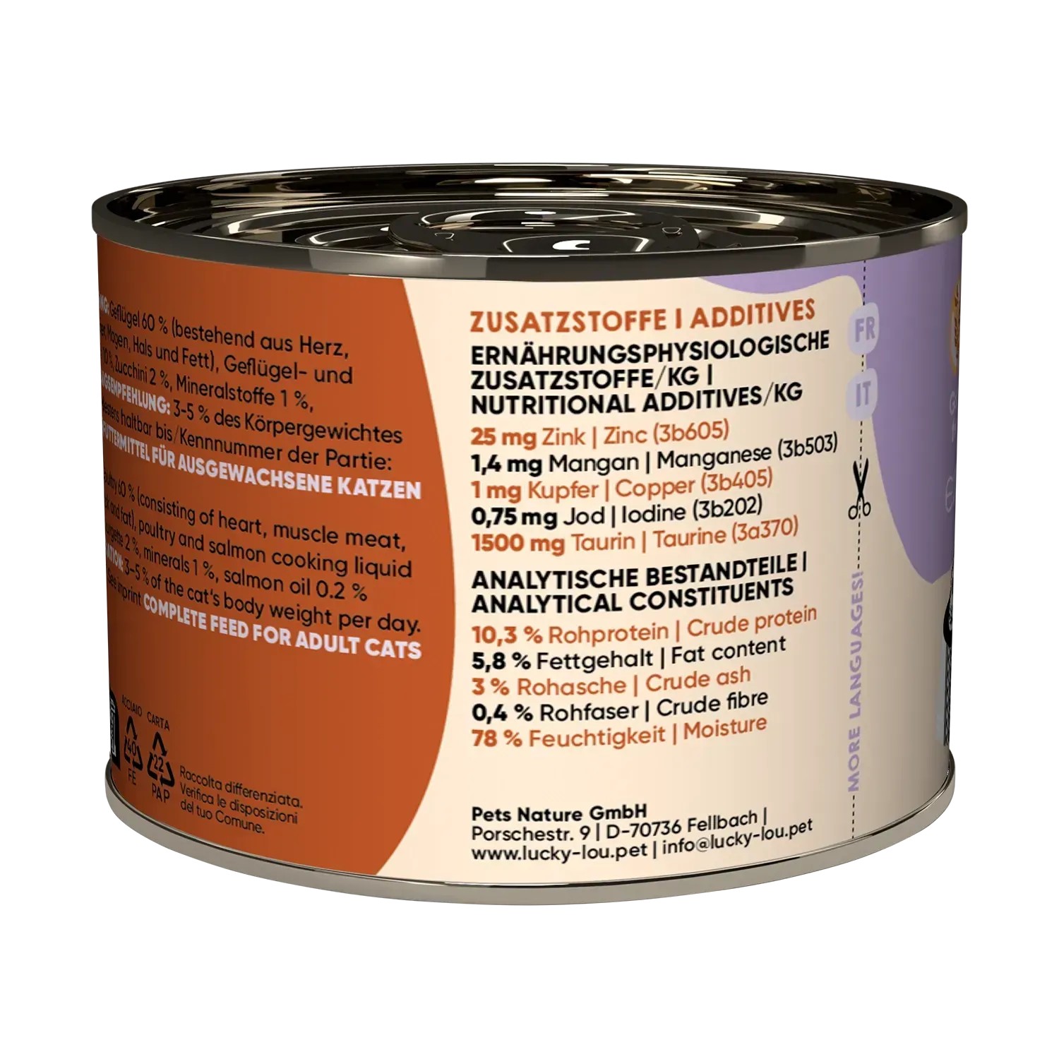 Lucky Lou Katzen-Nassfutter Adult Geflügel & Lachs, 200g Dose. Alleinfutter für ausgewachsene Katzen.