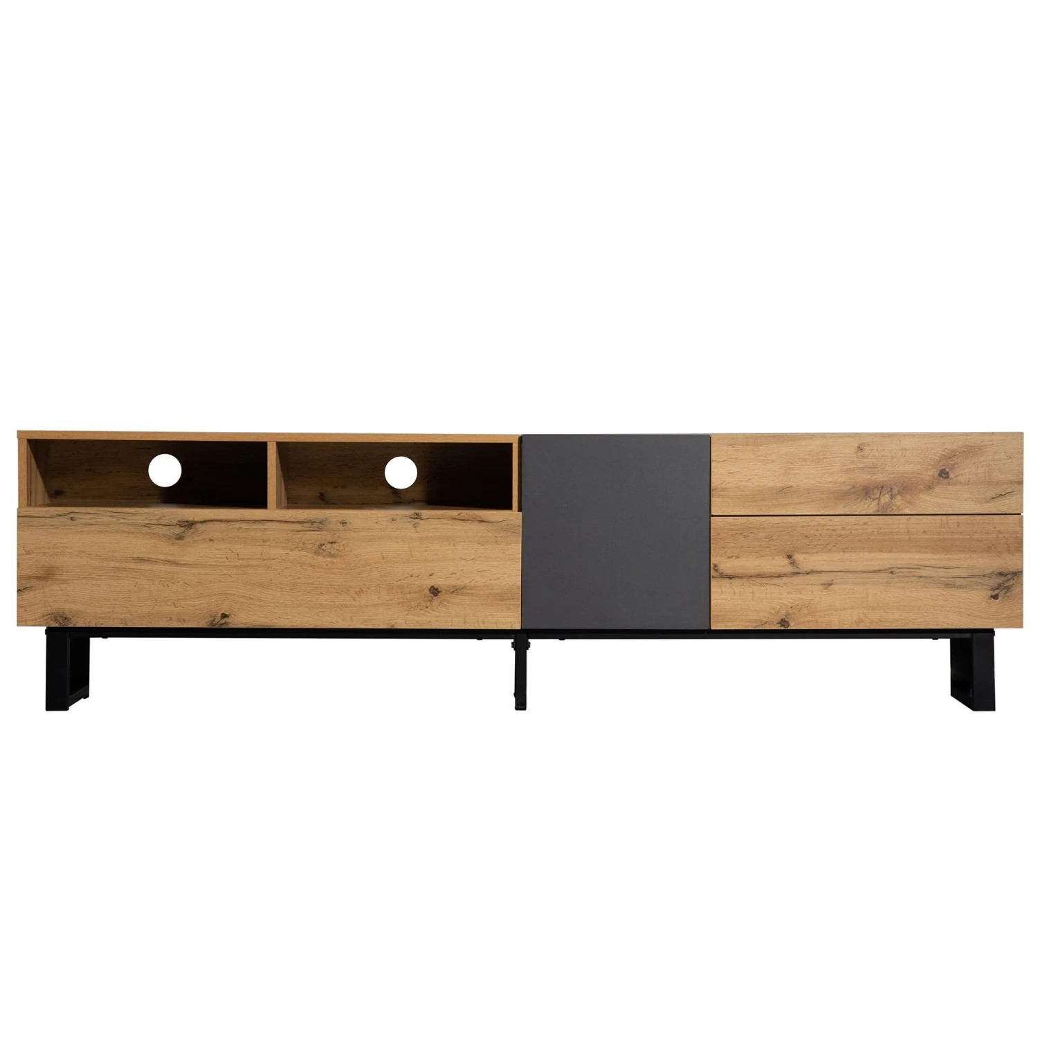 ModernLuxe TV Lowboard Modern mit 2 Türen 2 Schubladen 2 Nischen MDF Metall Eiche Schwarz