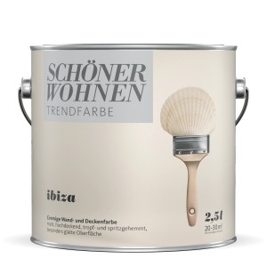 Schöner Wohnen Trendfarbe Ibiza, 2,5 l, matte Wandfarbe im Eimer mit Pinsel-Illustration.