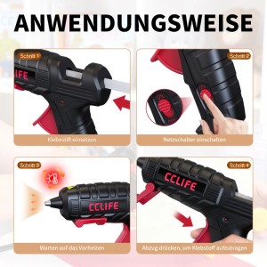 CCLIFE Heißklebepistole 20W Anwendung: Klebestift einsetzen, einschalten, aufheizen, Kleber auftragen. Für Basteln & DIY.