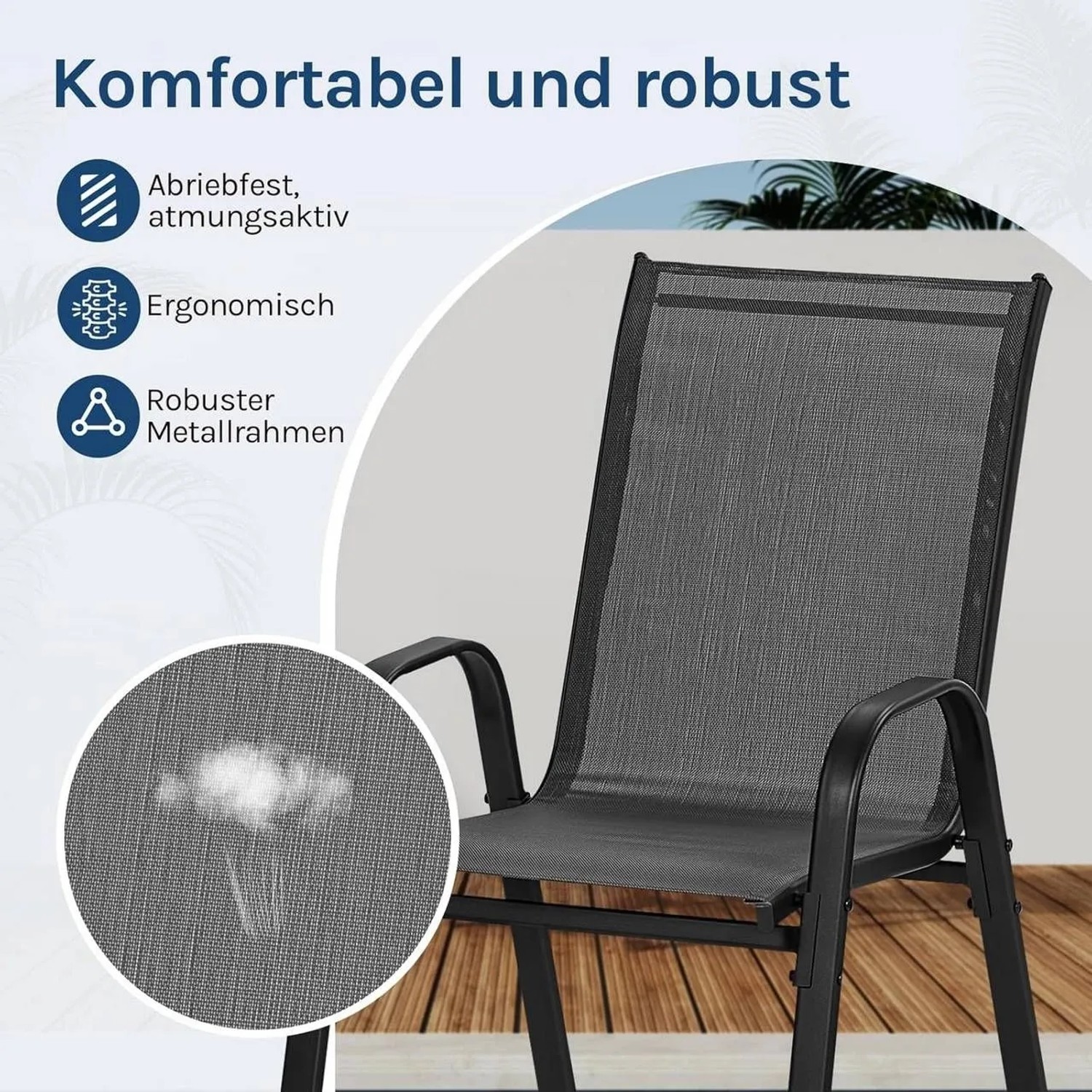 Grauer, ergonomischer WOLTU Gartenstuhl mit schwarzem Metallrahmen und atmungsaktivem Teslin-Gewebe. Wetterfest, stapelbar.