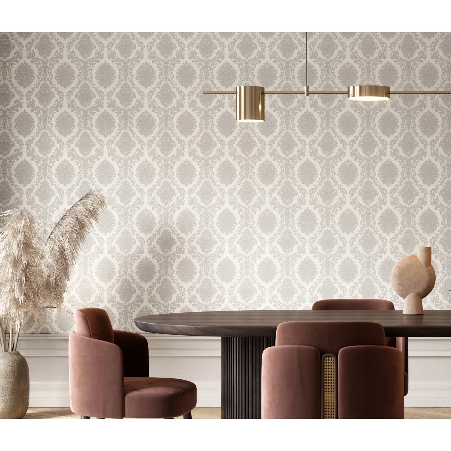 Erismann Vliestapete Versailles Royal in Taupe mit opulentem Ornament und Glimmereffekt.