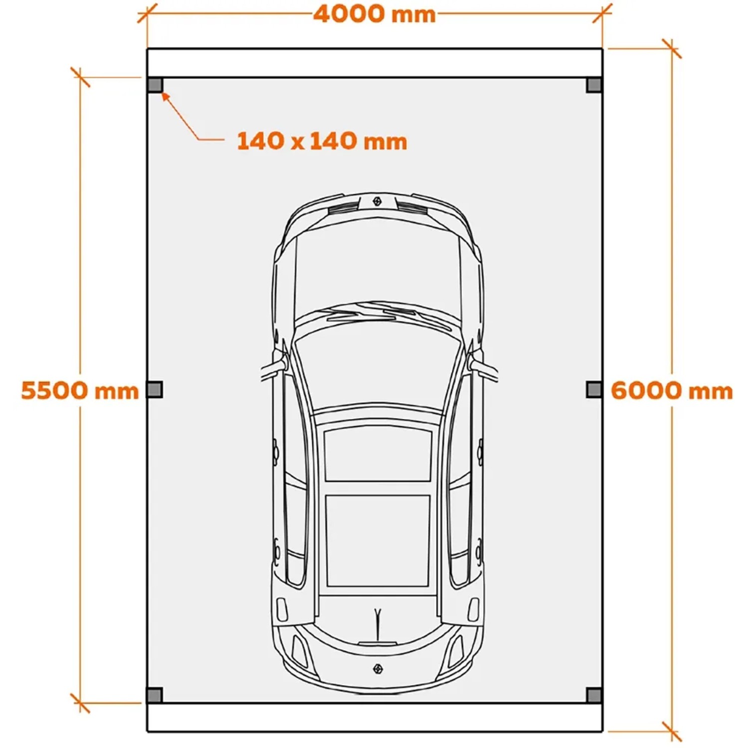 Skizze Einzelcarport Ralf, chromoxidgrün, 400x600cm, Blechdach dornengrün, Maße und Auto