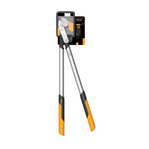Fiskars Amboss-Getriebeastschere LX99-L, Gartenschere mit langem Griff und orangefarbenen Akzenten.