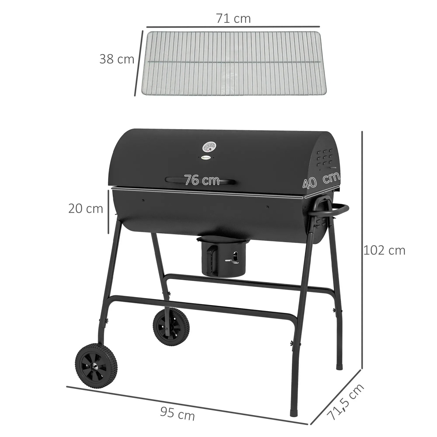 Outsunny Holzkohlegrill mit Deckel, Thermometer und Rädern, schwarz. Grillwagen mit Aschefänger und Warmhalterost.