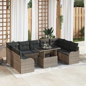 Graues 10-teiliges vidaXL Garten-Sofa-Set aus Poly Rattan mit Tisch und Kissen.