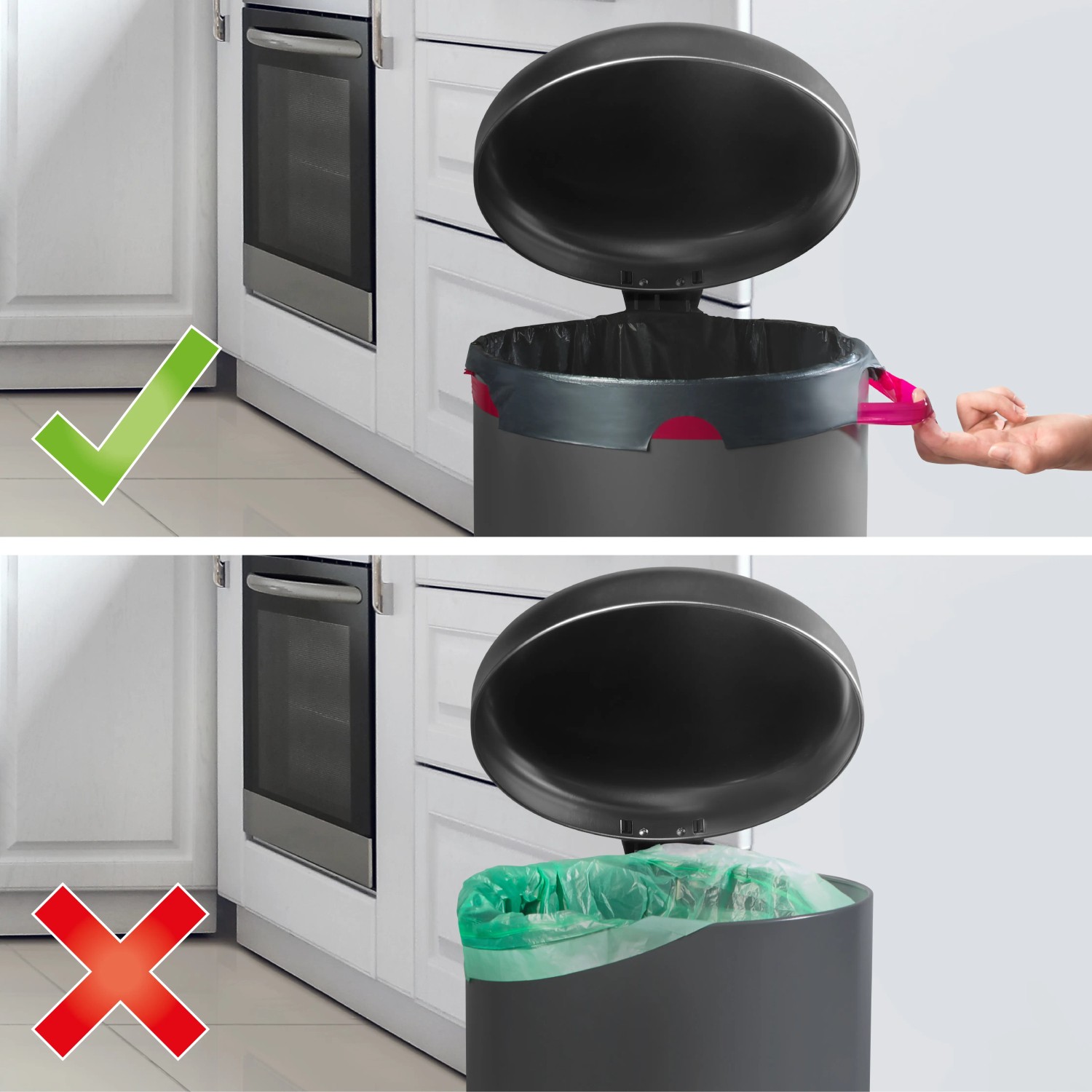 Swirl Müllbeutel 35L mit Fixierband im Einsatz: Sicherer Halt und einfache Handhabung.