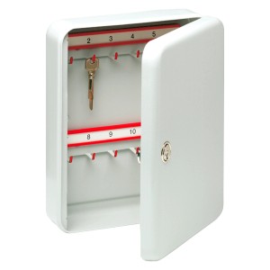 Burg Wächter Schlüsselbox CityLine, lichtgrau, mit 24 Haken. Schlüsselkasten offen.