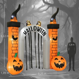 Aufblasbarer Halloween Torbogen in Orange mit LED-Beleuchtung, Kürbissen, Hexenhüten und Fledermäusen. Ideal für Garten Deko.