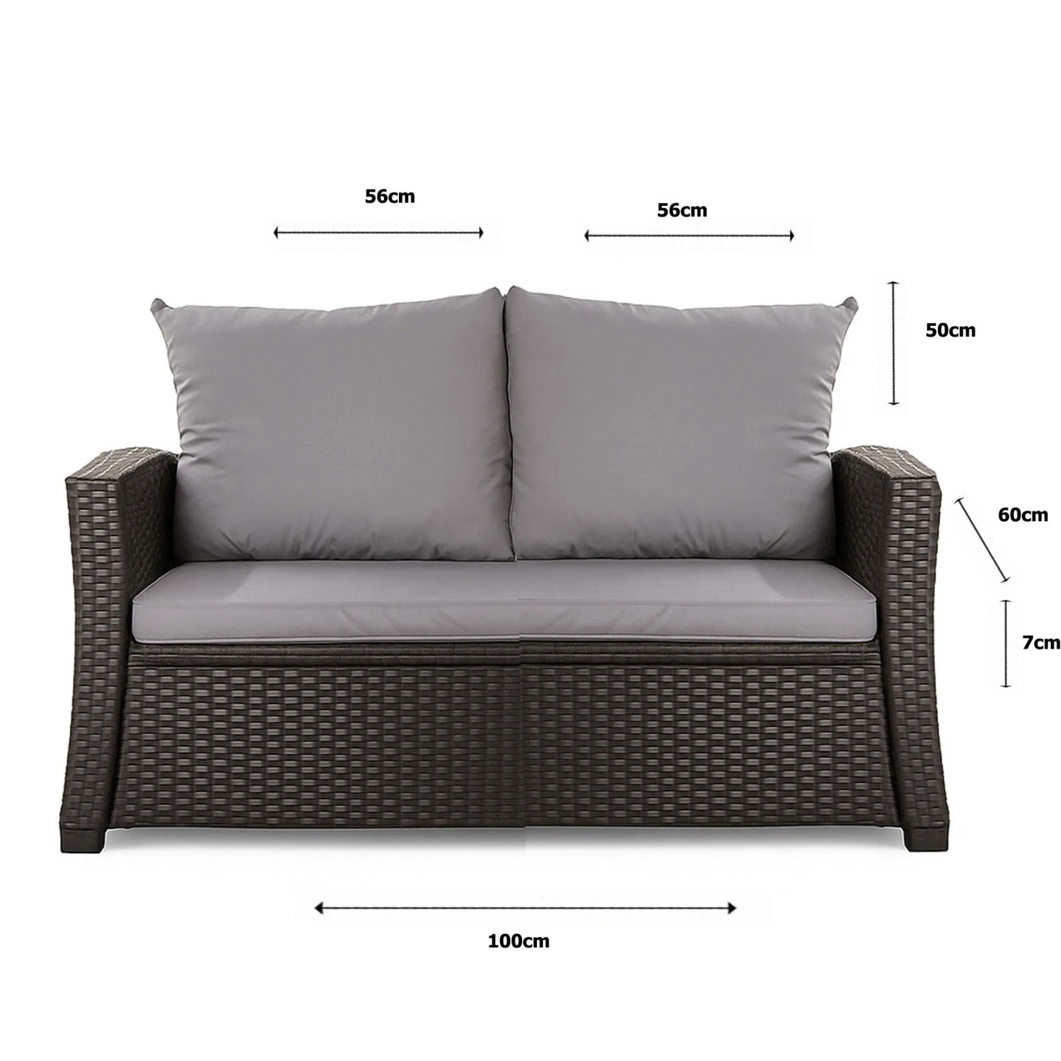 Graues Gartenkissen Set für 2-Sitzer Polyrattan Gartensofa, 100x60x50 cm.