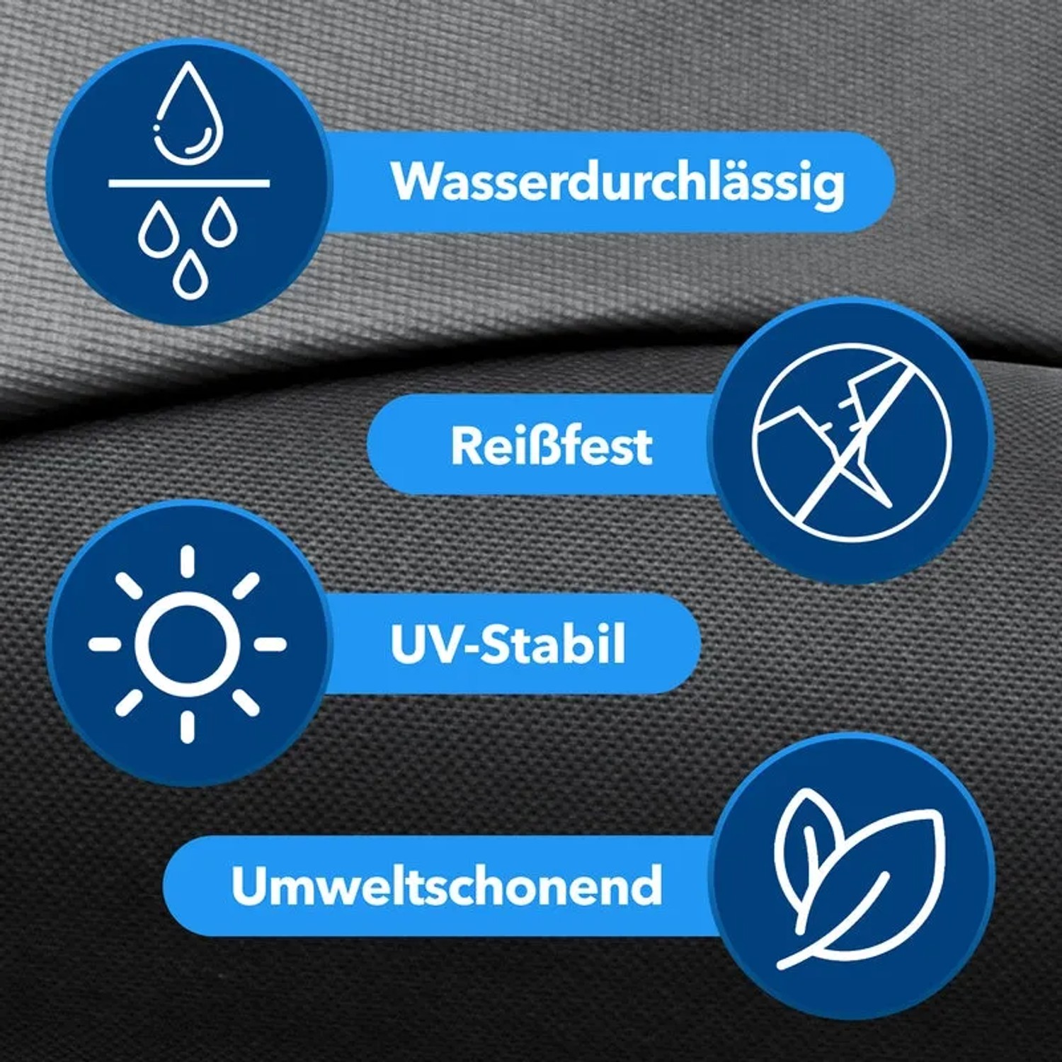 KARAT Unkrautvlies: Symbole für wasserdurchlässig, reißfest und UV-stabil.