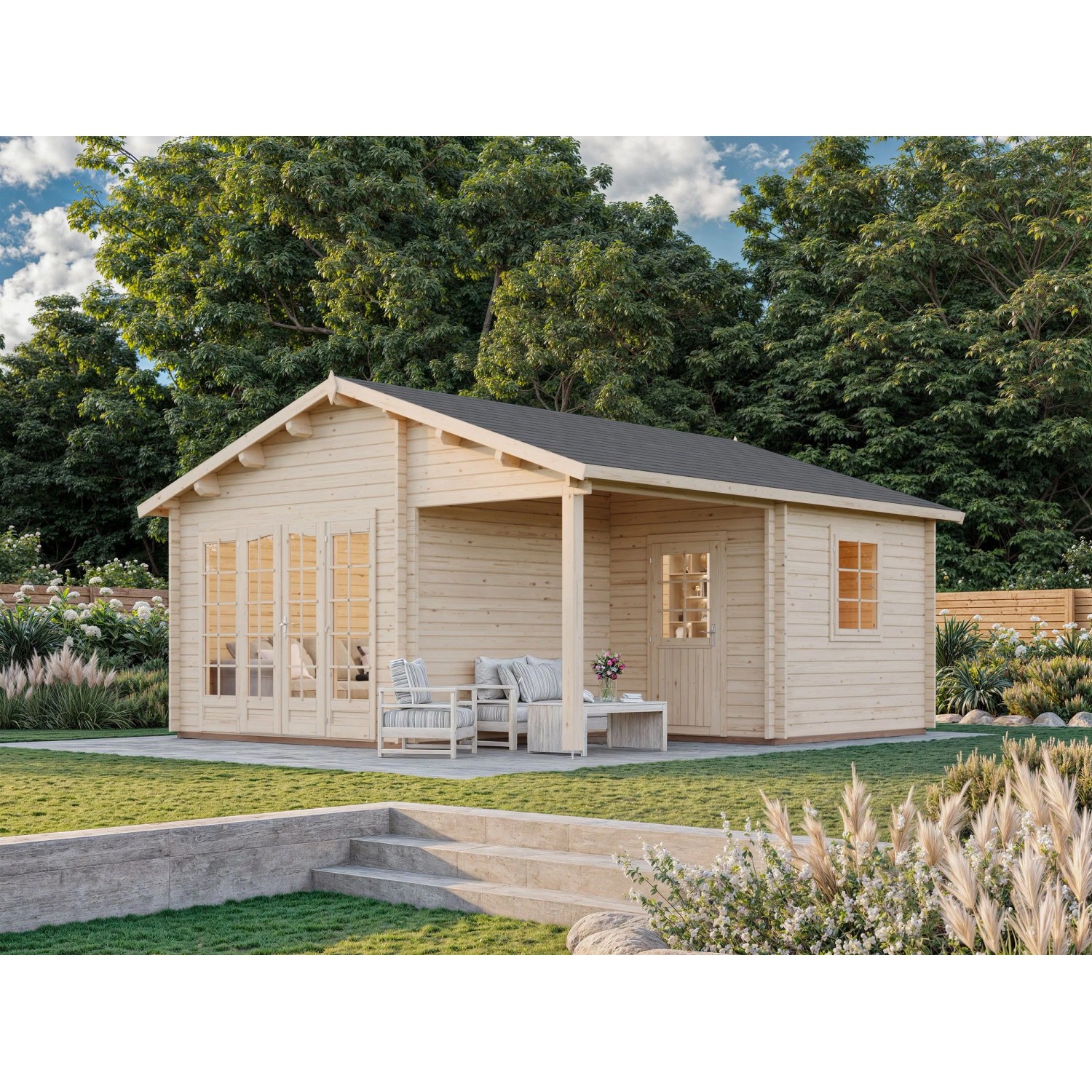 Palmako Irene Holz-Gartenhaus Klar Satteldach Tauchgrundiert 530 cm x 550 cm