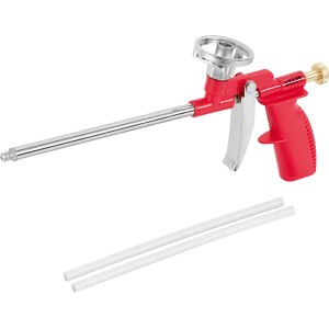 Montageschaumpistole Ellix, rot/silber mit zwei Reinigungsrohren für PU-Schäume.