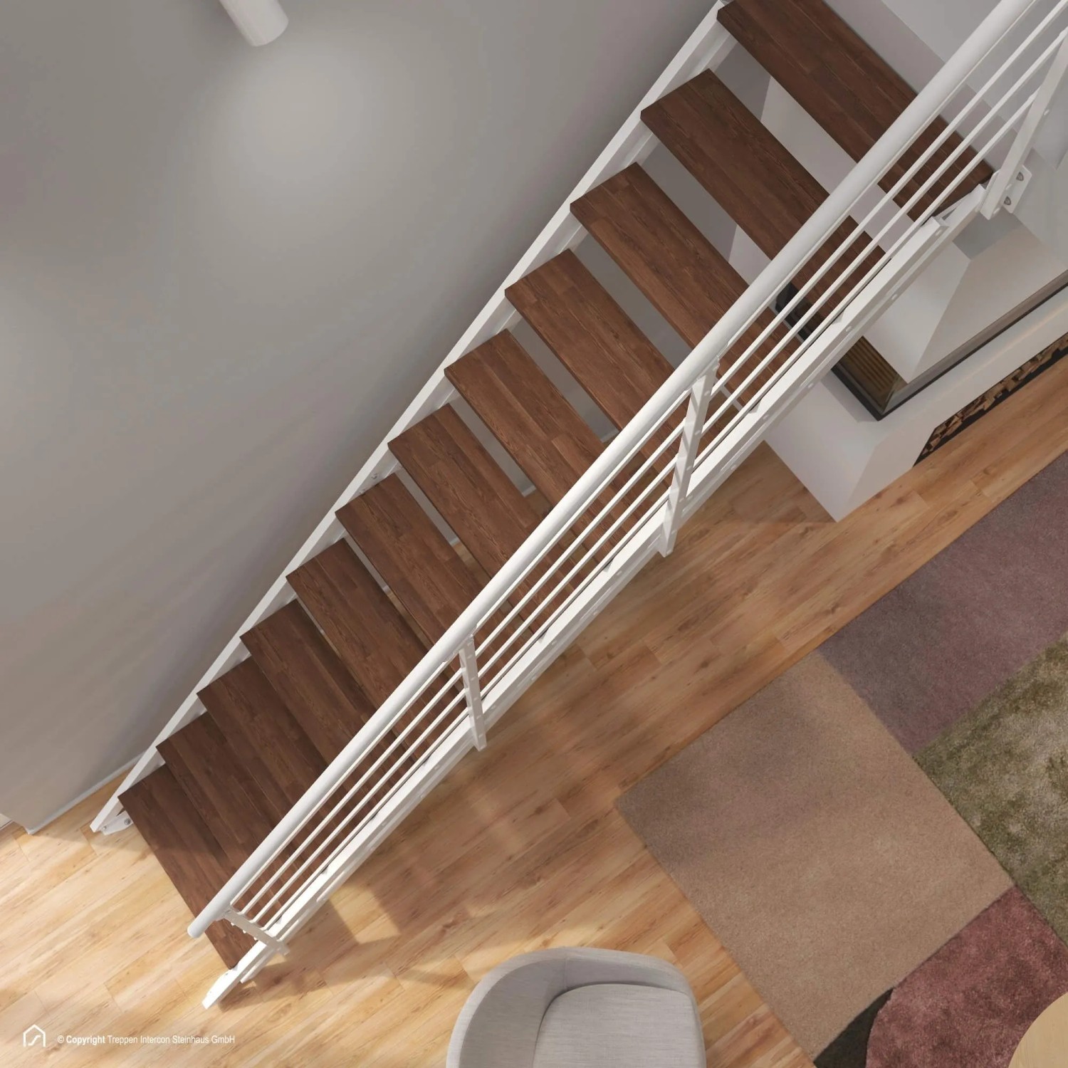 Raumspartreppe London mit 13 dunklen Buchenholzstufen und weißem Stahlgeländer. Moderne Innentreppe, Polar-Weiß.