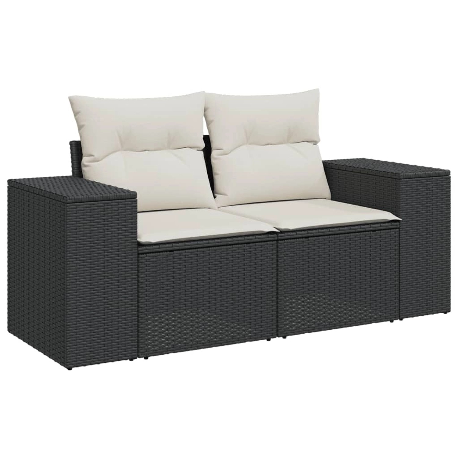 Schwarze vidaXL Garten-Sofagarnitur aus Rattan mit cremefarbenen Kissen für Terrasse und Garten.