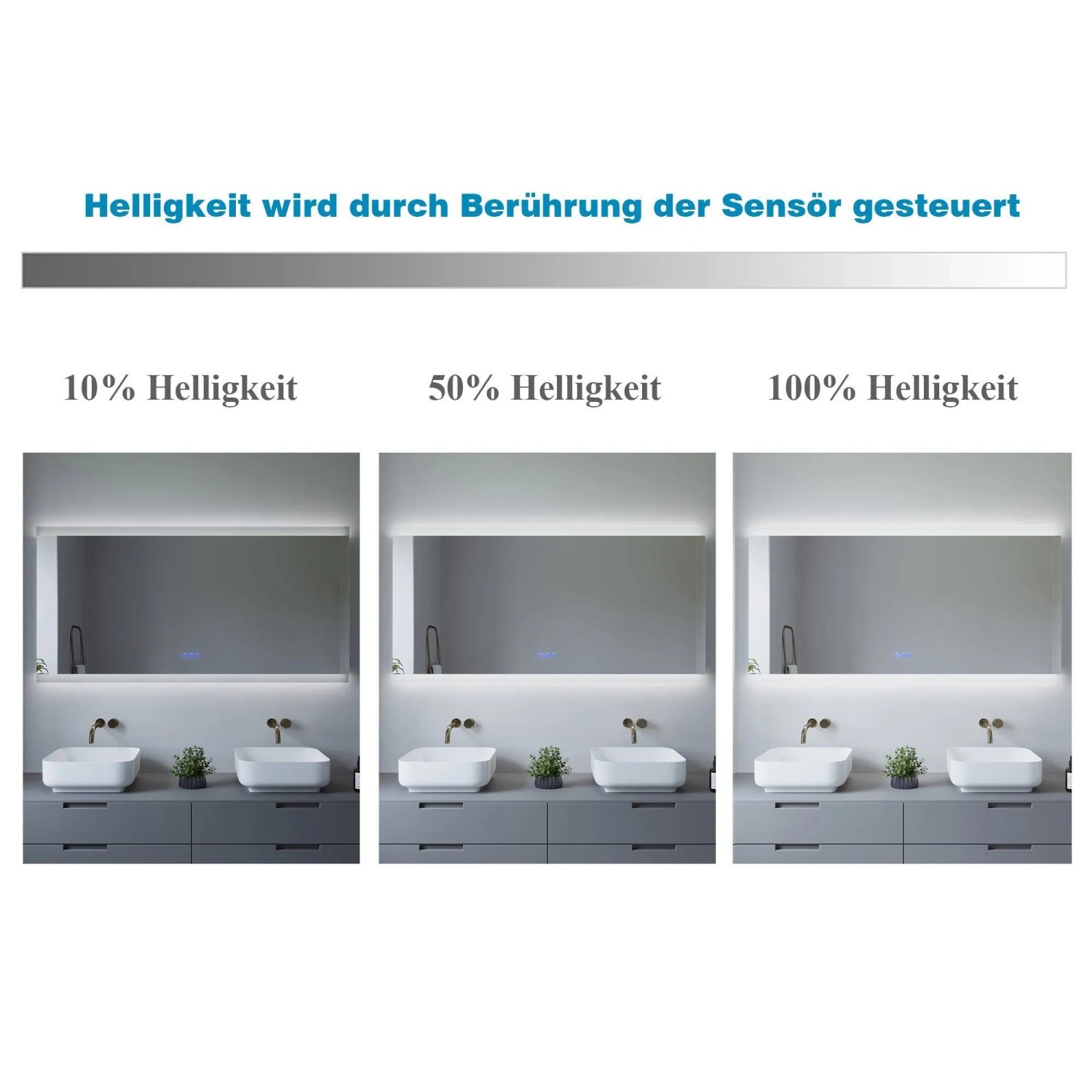 Aquabatos Badspiegel 140x70 cm mit LED-Streifen und Dimmfunktion, verschiedene Helligkeitsstufen.