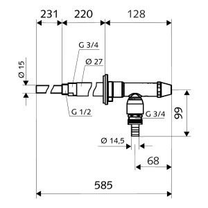 Technische Zeichnung: Schell frostsichere Außenwandarmatur Polaris II mit Maßen.