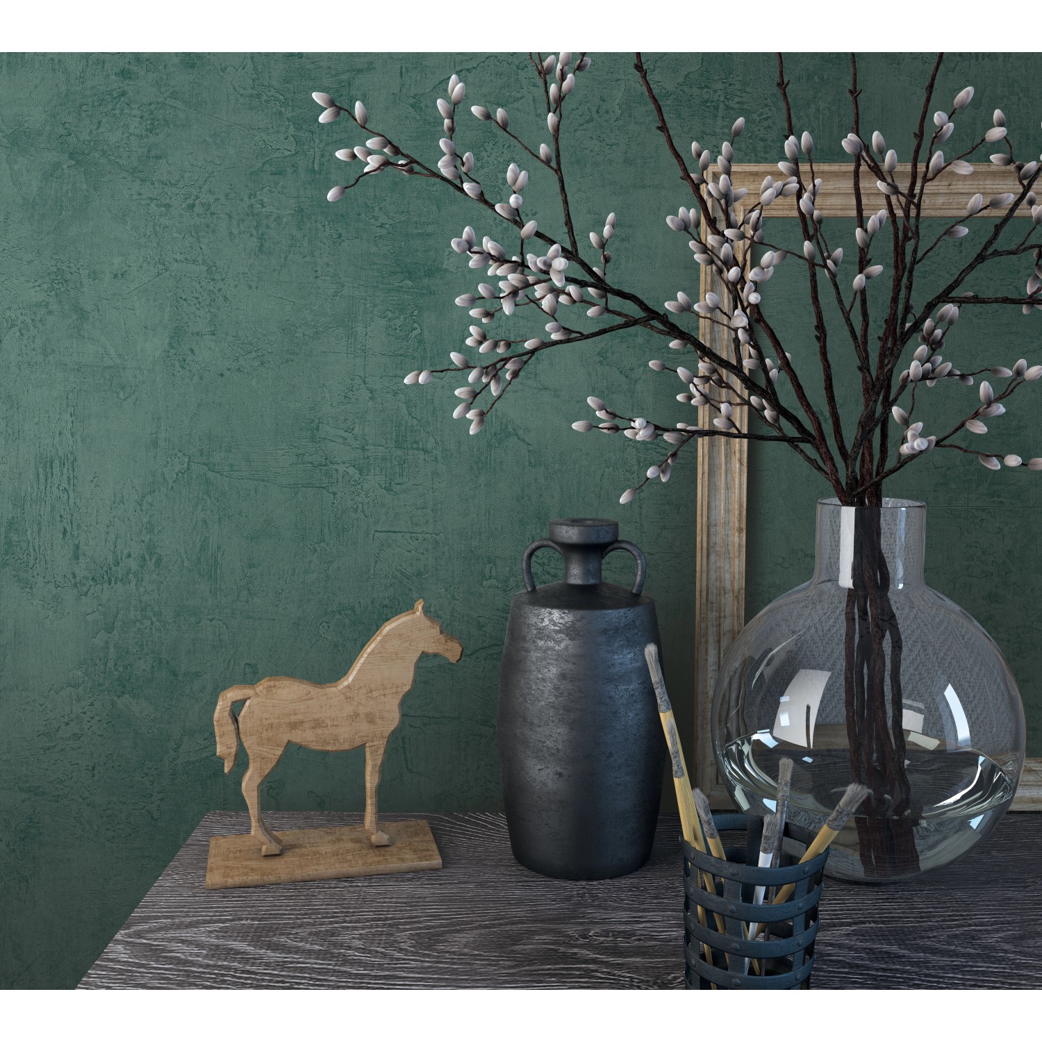 Grüne Marburg Vliestapete Struktur Modern FSC® an Wand mit Deko-Elementen.