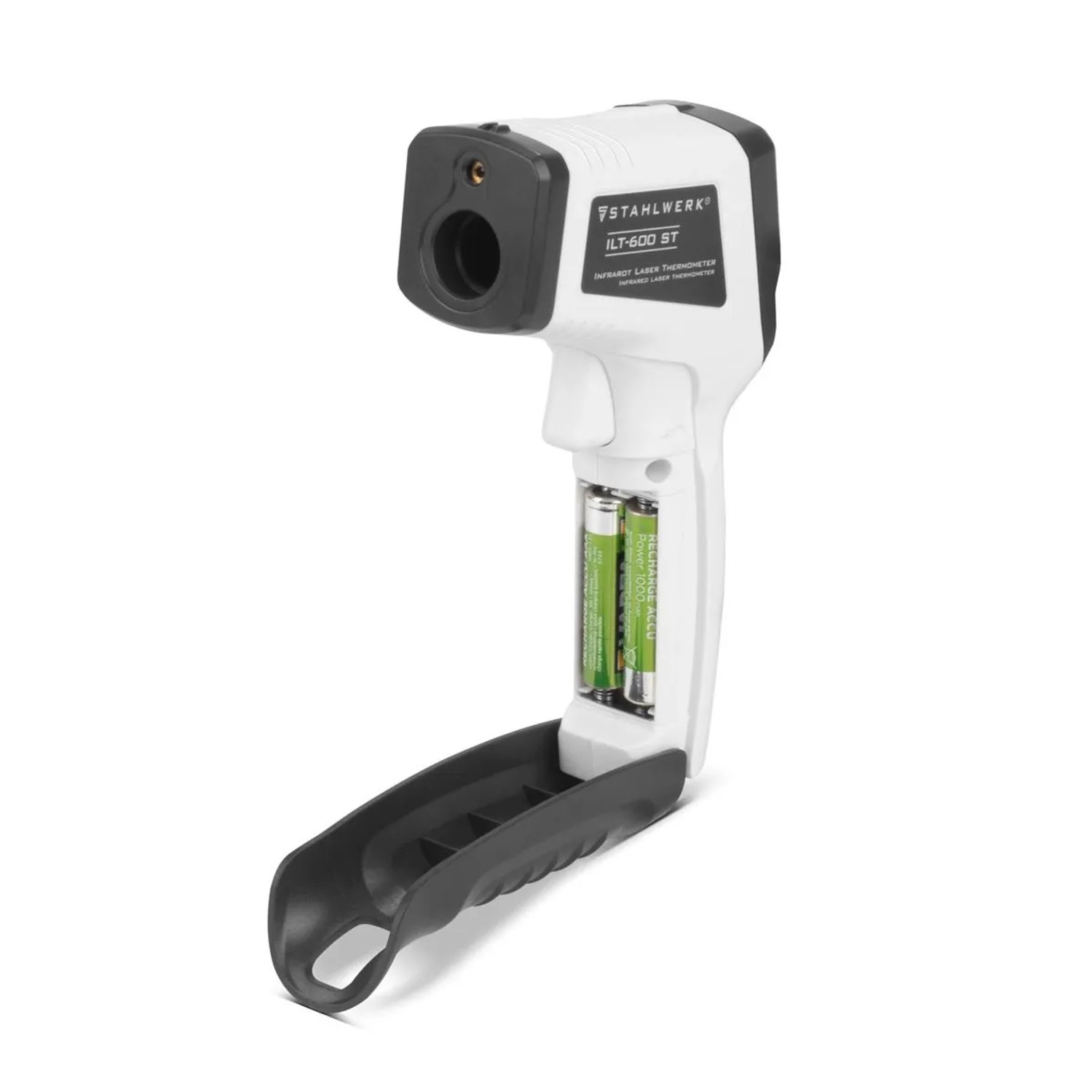 Weißes STAHLWERK Infrarot-Laser-Thermometer ILT-600 ST mit offenem Batteriefach und zwei AAA-Batterien. Präzises Prüfwerkzeug.