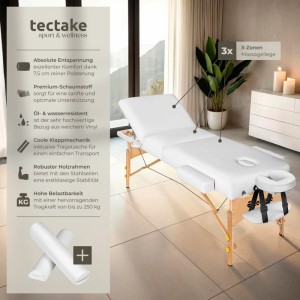 Tectake 3 Zonen Massageliege Set Somwang Breite 70 cm  Polsterung 7 5 cm Inklusive Lagerungsrollen und Tragetasche  218 x 108 x 90 cm Weiß