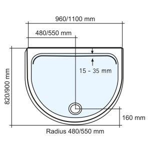 Technische Zeichnung: Schulte Duschwannen-Set Extraflach Halbkreis 110x90 cm, Maße und Details.