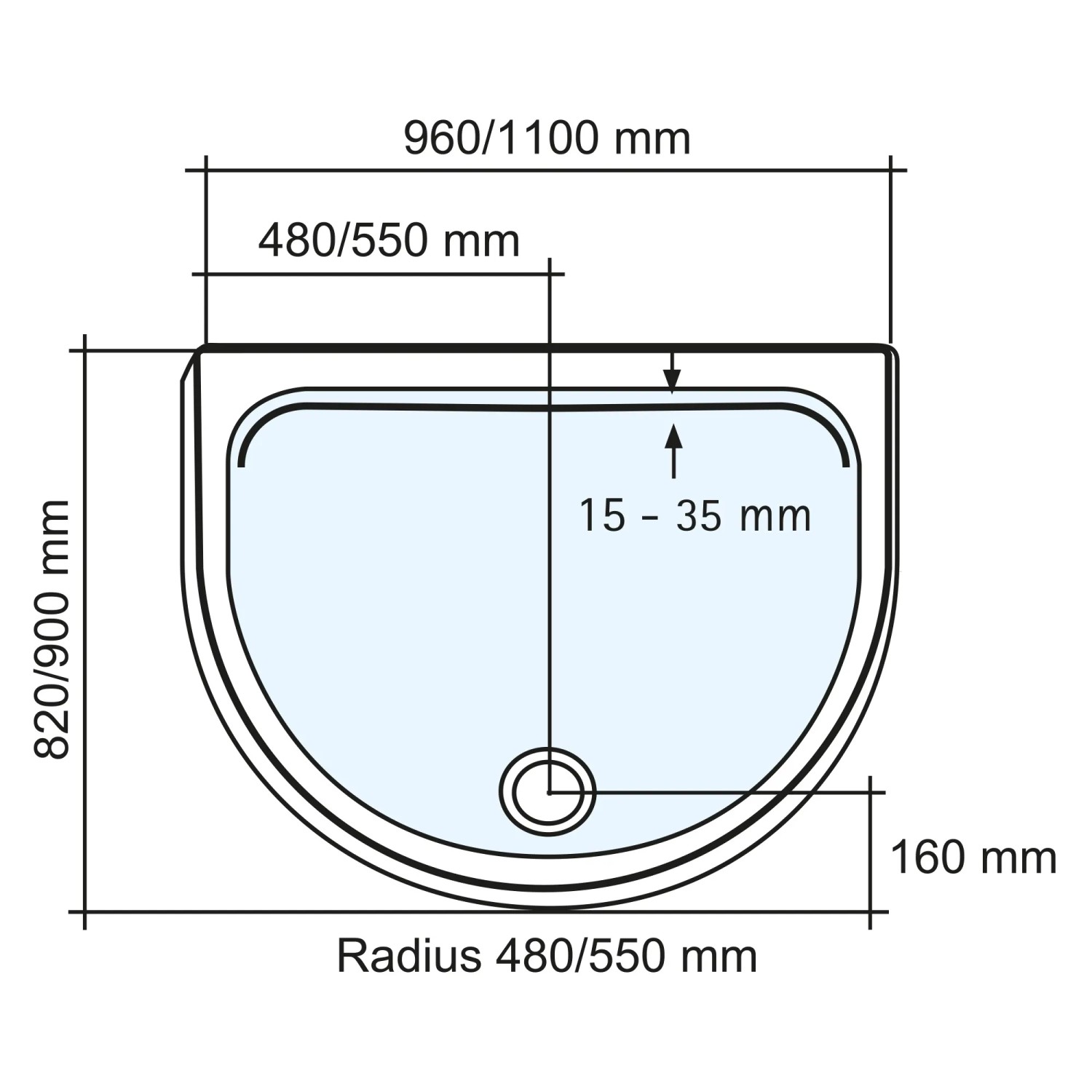 Technische Zeichnung: Schulte Duschwannen-Set Extraflach Halbkreis 110x90 cm, Maße und Details.