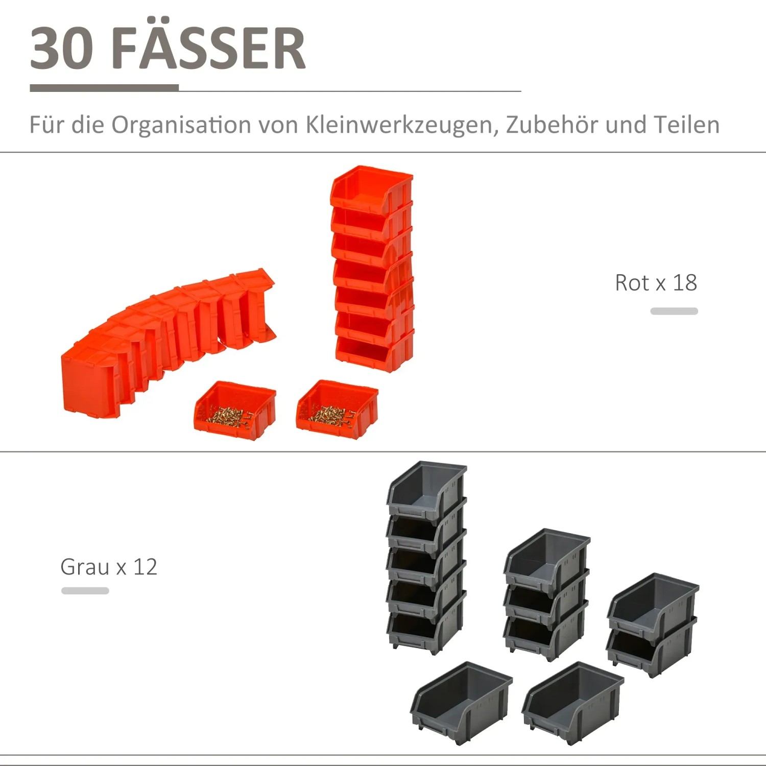 DURHAND Wandregal mit 30 Boxen (rot, grau) für Lochwandsysteme, ideal zur Werkstattorganisation.
