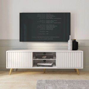 TV-Lowboard Bello 135 cm Weiß / Lamelle mit Goldenen Beinen