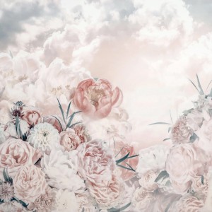 Komar Vliesfototapete 'Blossom Clouds' 250x250cm mit Blumen und Wolken.
