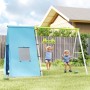 AIYAPLAY 3-in-1 Schaukelgestell mit blauem Spielzelt, grünen Turnringen und Schaukel für Kinder im Garten.