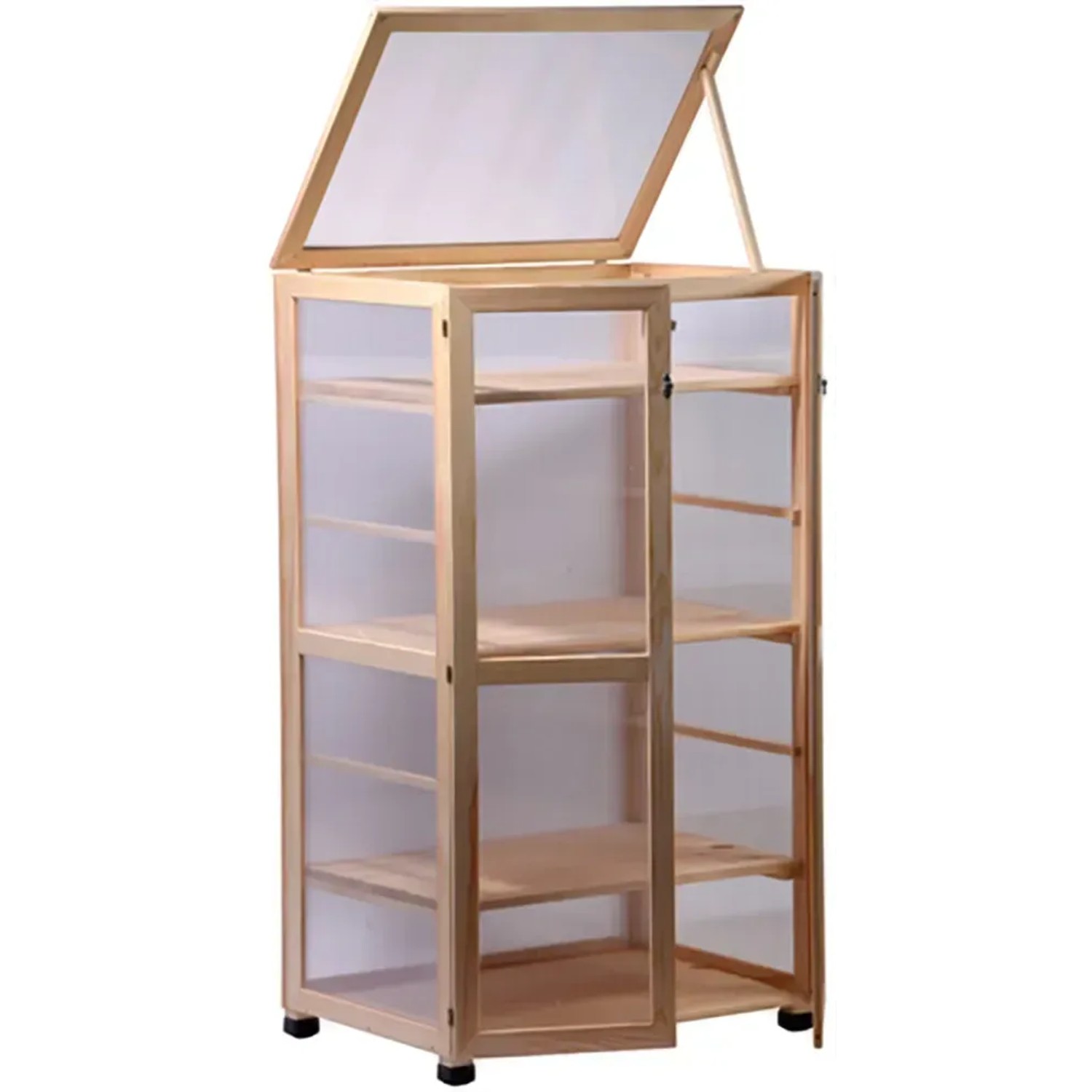 Dobar Anzuchtschrank Dome, großes Indoor Gewächshaus aus FSC®-Kiefernholz mit Regalböden und geöffnetem Deckel.