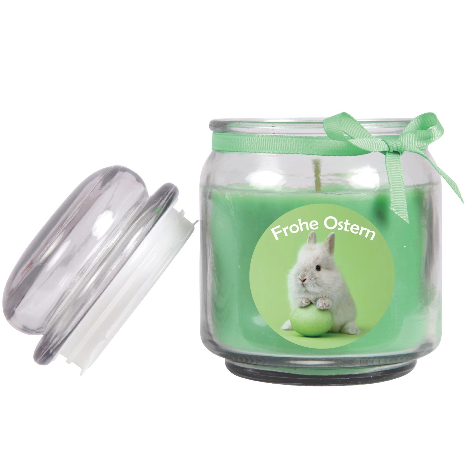 Grüne Duftkerze im Glas mit Osterhase und Ei, 70h Brenndauer.