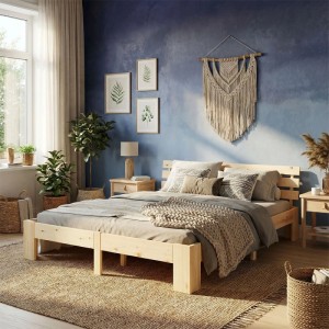 Homestyle4u Massivholzbett 140x200 cm aus hellem Kiefernholz mit Lattenrost im Schlafzimmer.