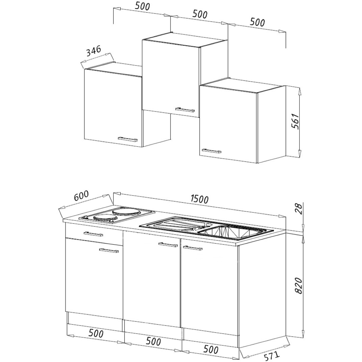 Skizze der Respekta Singleküche Luis 150 cm in Schwarz-Eiche sägerau mit Maßen.