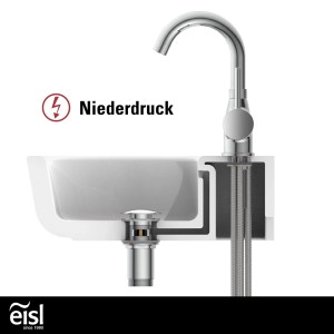 Eisl Waschtischarmatur Futura Niederdruck Chrom im Querschnitt mit Hinweisschild Niederdruck.