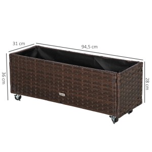 Kaffee-braunes Outsunny Hochbeet aus Rattan und Stahl mit Rollen, 94,5x31x36 cm.