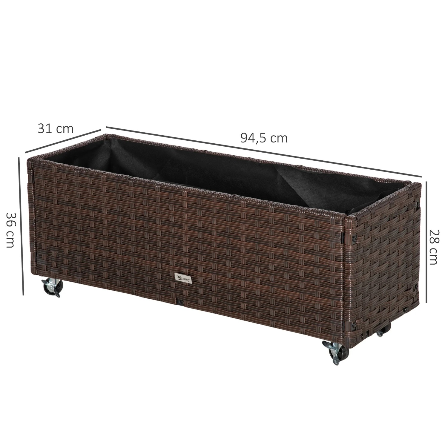 Kaffee-braunes Outsunny Hochbeet aus Rattan und Stahl mit Rollen, 94,5x31x36 cm.