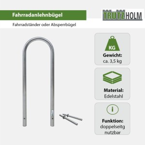 TRUTZHOLM Fahrradanlehnbügel aus Edelstahl, 115x41cm, zum Einbetonieren mit Bodenankern.