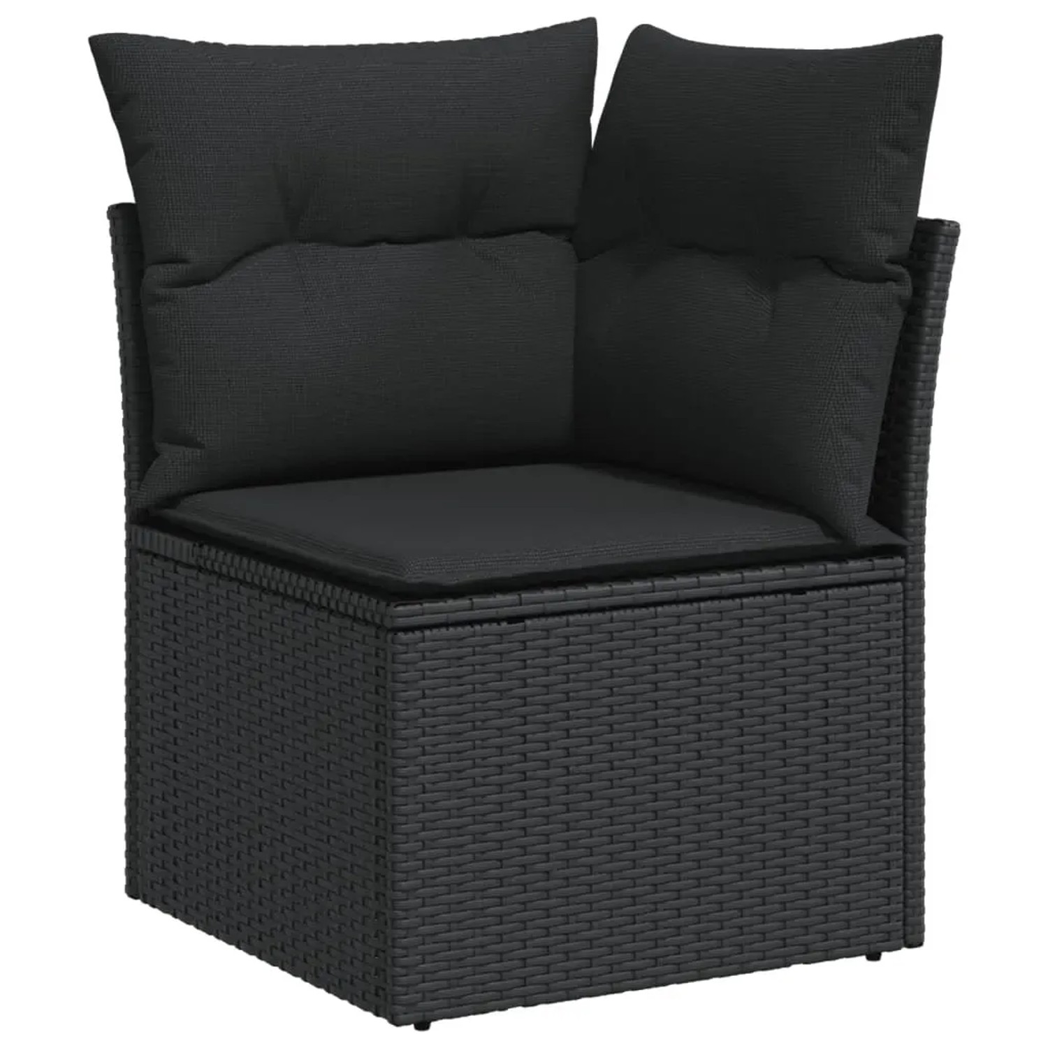 Schwarzes Ecksofa aus Rattan mit Kissen, Teil der 10-tlg. vidaXL Garten-Sofagarnitur.