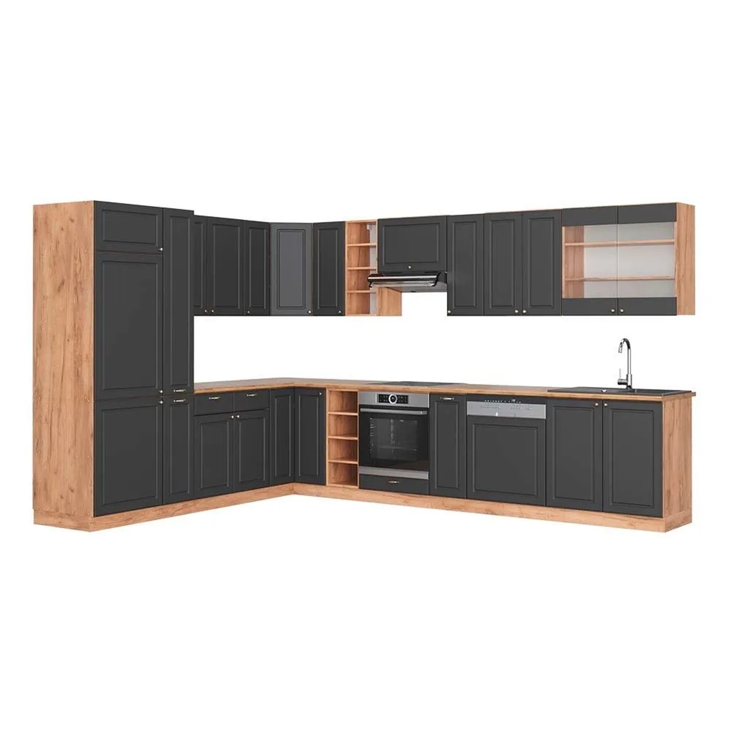 Vicco Eckküche Fame-Line Anthrazit-Gold Landhaus/Goldkraft Eiche 347 x 82, AP Eiche