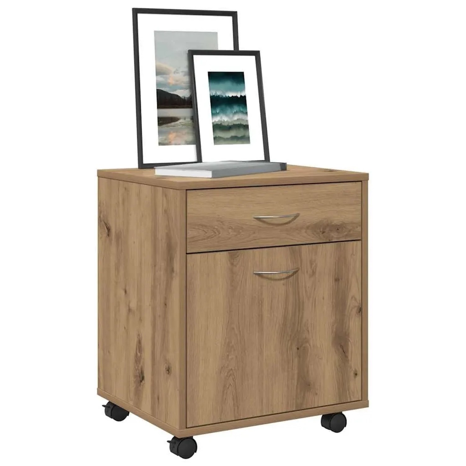 vidaXL Rollcontainer Artisan-Eiche aus Holzwerkstoff, mit Schublade, Tür und Rollen. Ideal für Büro & Wohnzimmer.
