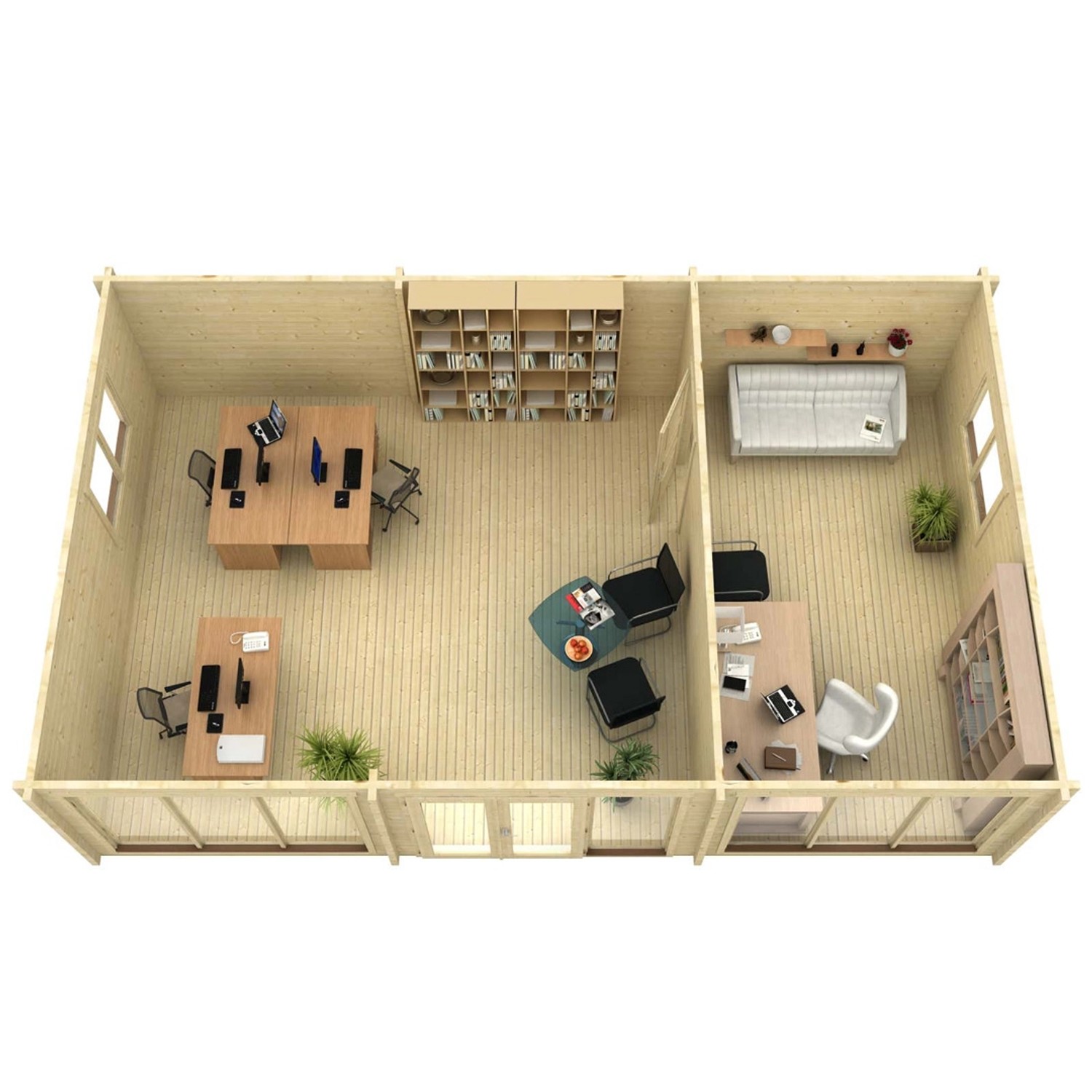 Grundriss Alpholz Gartenhaus Campus-70 mit Flachdach, hellbraunes Holz, zwei Räume mit Einrichtung.