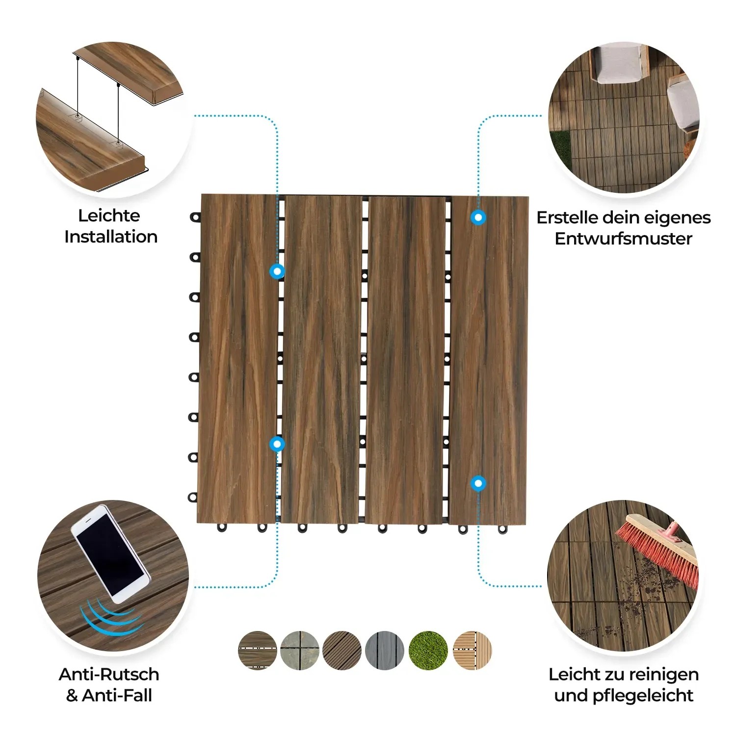 WPC Terrassenfliesen Classic Mix Teak, 30x30cm, 11er Set (1m²), wetterfest und einfach zu verlegen.
