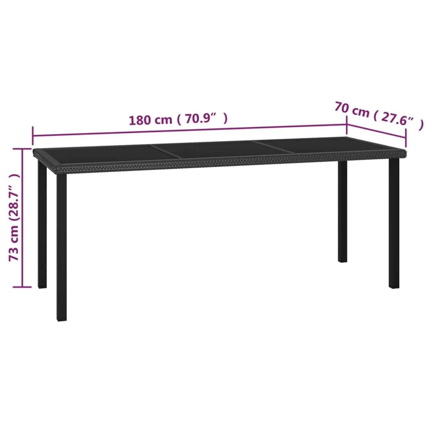 Schwarzer vidaXL Gartentisch aus Poly Rattan, 180x70 cm, Teil der 9-tlg Essgruppe.