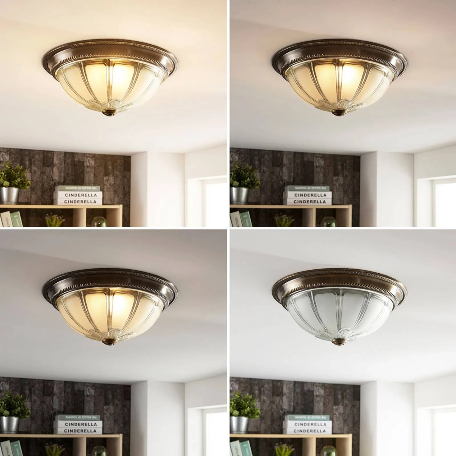 Dimmbare LED Deckenleuchte Henja in Bronze/Glas, Retro Vintage Design, 4 Lichtstimmungen.