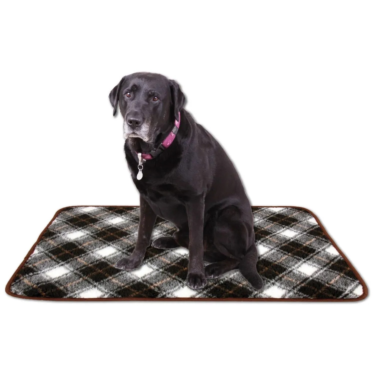 Bestlivings Tierdecke Lammflor, 80x120 cm, dunkelbraun gemustert, mit sitzendem, schwarzem Labrador.