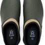 Ein Paar khakifarbene Rouchette Clog Clean Land Gartenclogs mit beigem Neoprenrand. Robust, isolierend und bequem.